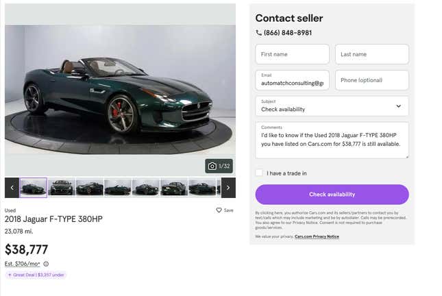 Image de l'article intitulé Vous pouvez acheter la dernière grande voiture de sport Jaguar pour moins qu'une Miata